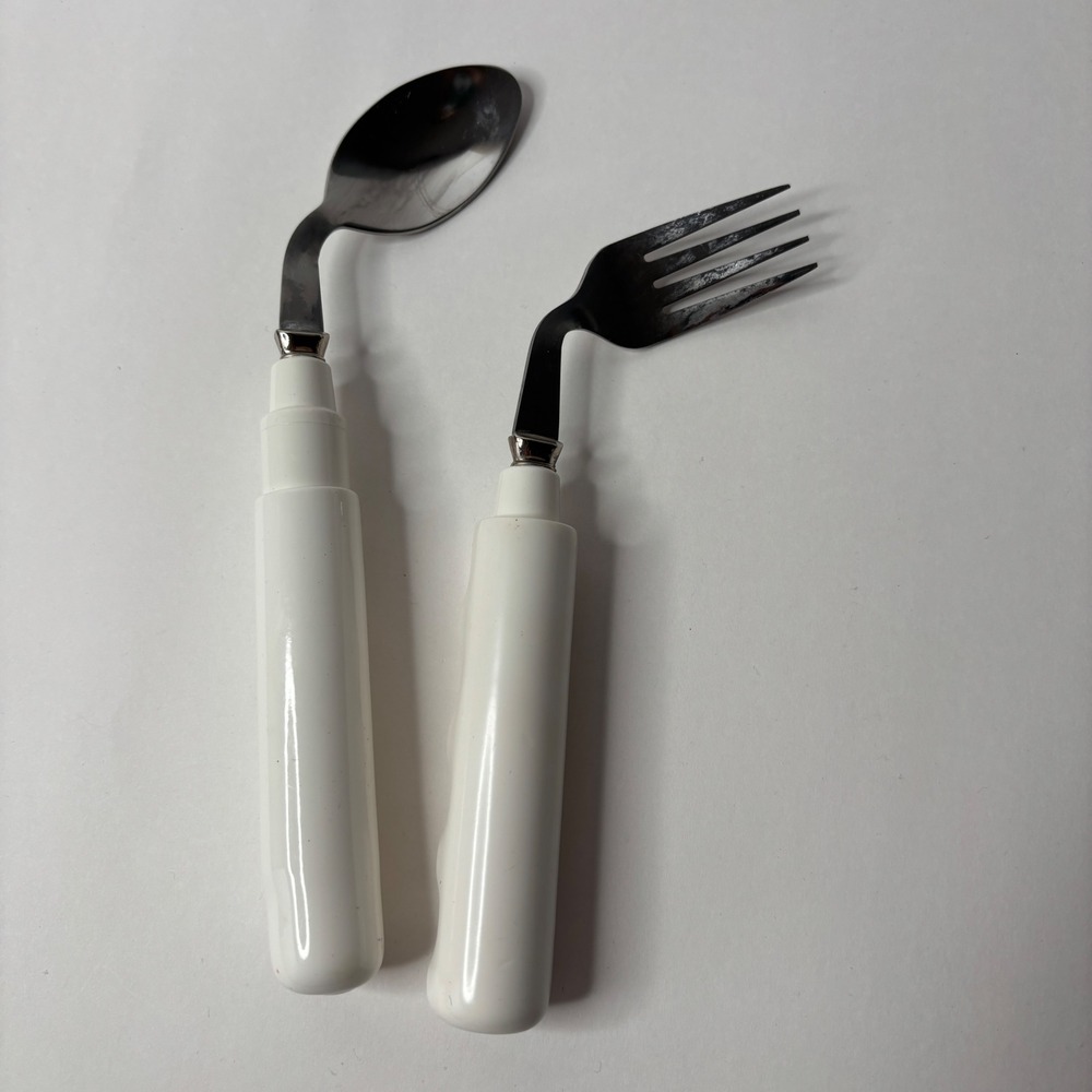 Adaptive Ergonomic Angled‎ Fork & Spoon Set White Comfort Grip Left Handed